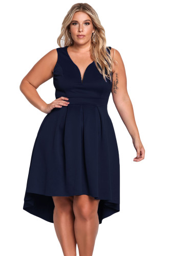 Navy Sleeveless V Neck Plus Size Hi-lo Dress