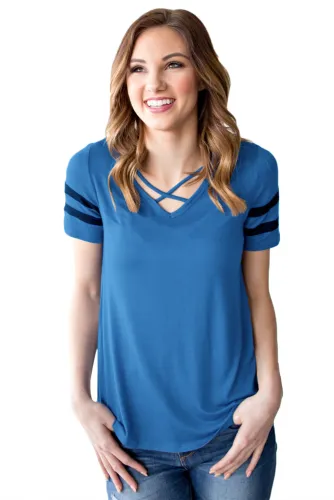 Varsity Striped Short Sleeve Royal Blue V Neck T-shirt
