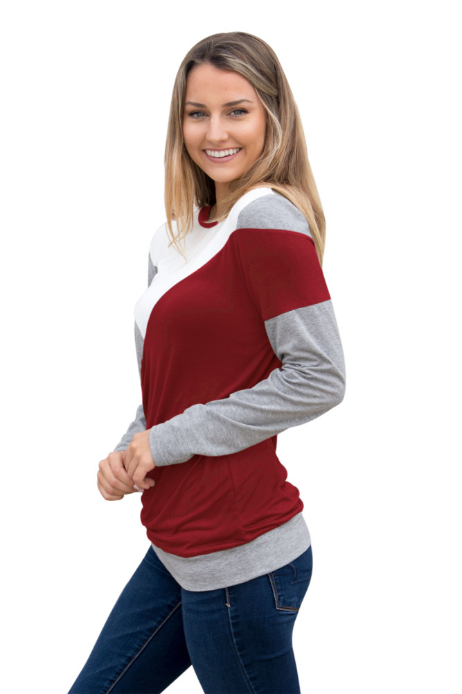 Burgundy Shoulder Slope Trio Color Block Sweatshirt