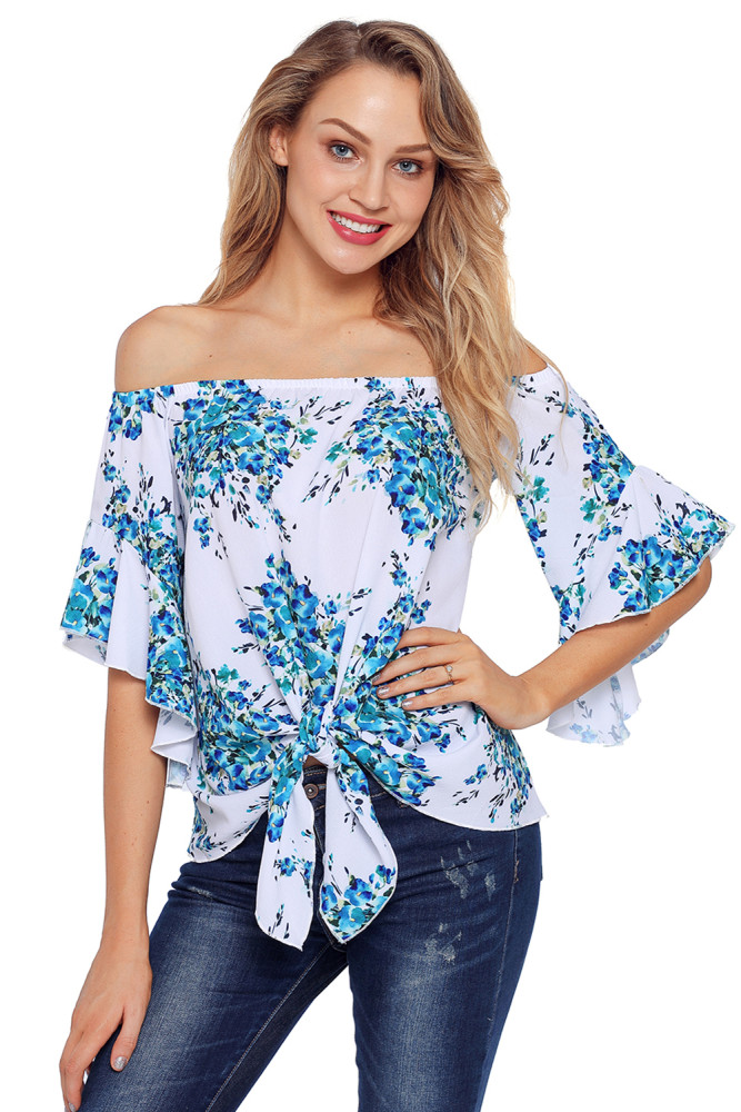 Navy Floral Tie Front Off The Shoulder Top