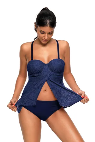 Navy Blue Lace Flyaway Underwired Tankini Bathing Suit