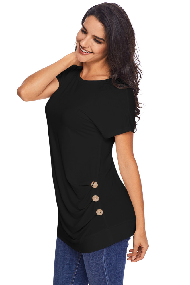 Side Button Detail Black Short Sleeve Shirt