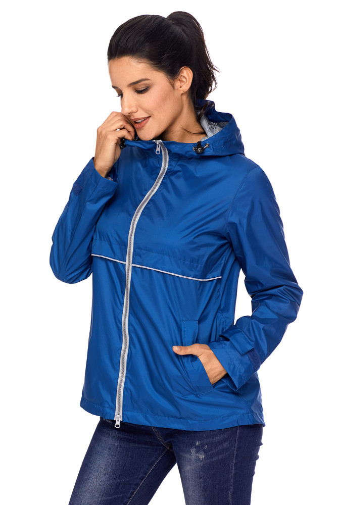 Blue Women Zipper Lapel Suit Blazer with Foldable Sleeve