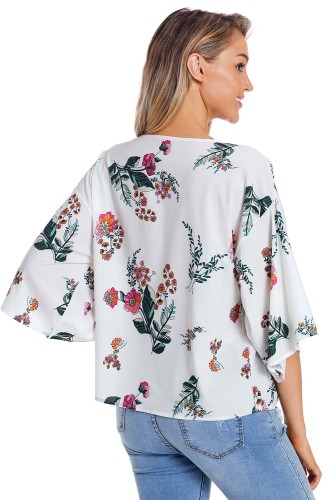 White Flowery Print Tie Front Kimono Sleeve Blouse