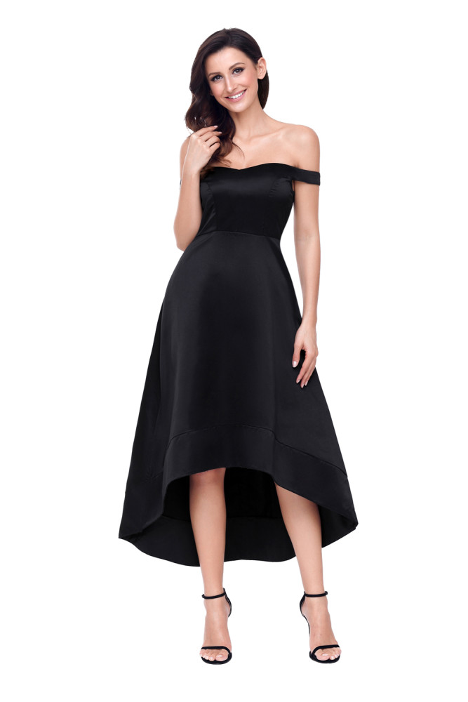 Black High-shine High-low Party Evening Dress