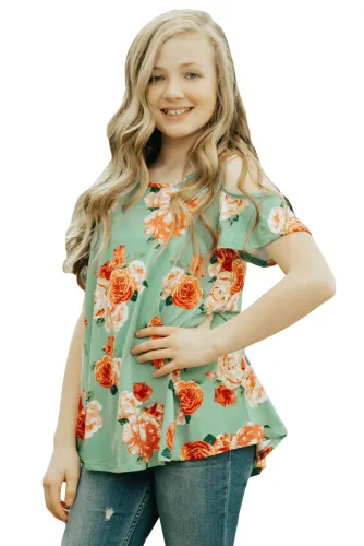 Green Floral Print Cold Shoulder Top for Girls