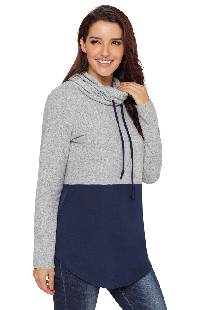 Grey Navy Colorblock Drawstring Cowl Neck Sweatshirt