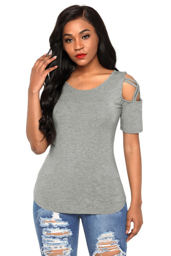 Grey Crisscross Cold Shoulder Short Sleeve Shirt