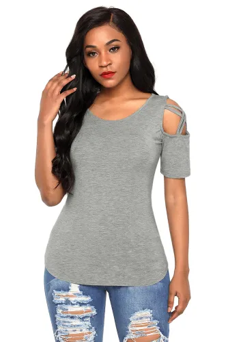 Grey Crisscross Cold Shoulder Short Sleeve Shirt