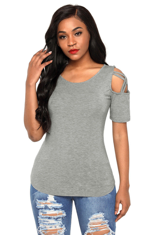 Grey Crisscross Cold Shoulder Short Sleeve Shirt
