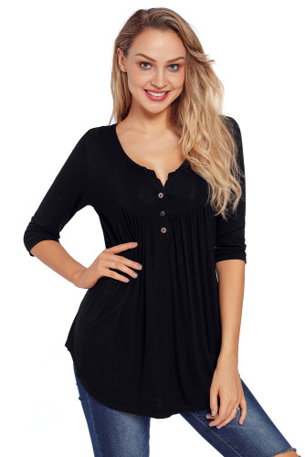 Black 3/4 Sleeve Button Detail Pleated Tunic