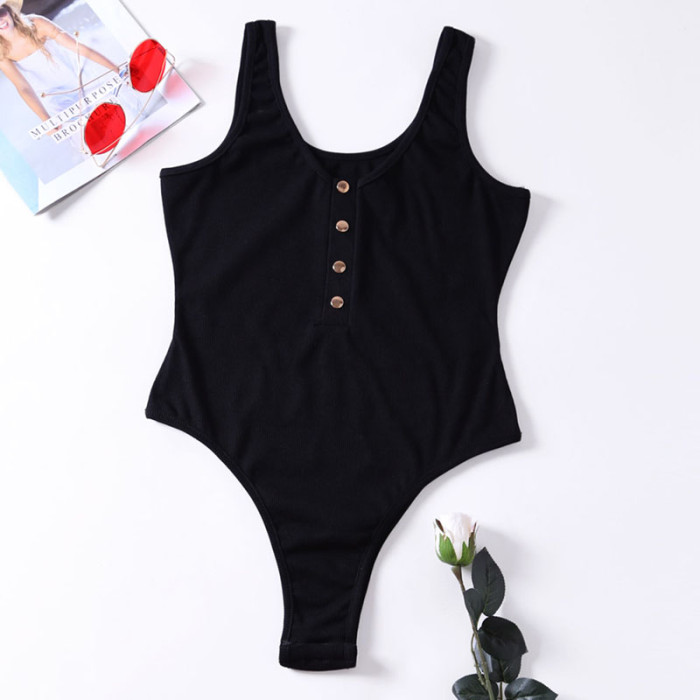 Black Ribbed Knit Button Up Tank Bodysuit
