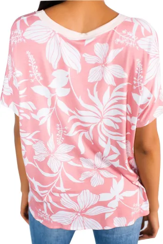 Pink White Floral Button Front Short Sleeve Top