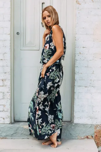 Navy Chic Summer Boho Floral Maxi Dress