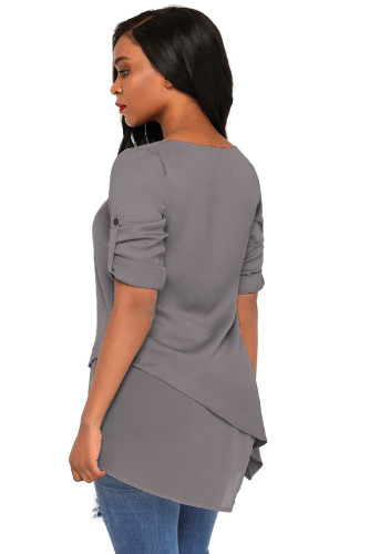 Grey Roll-tab Sleeve Asymmetric Hemline Crepe Blouse