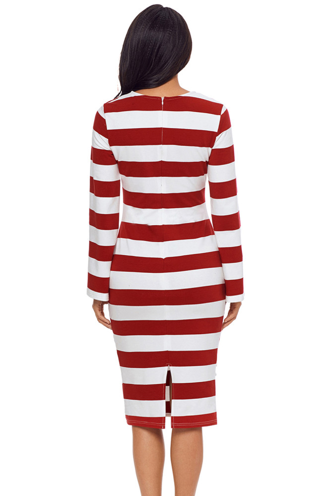 Burgundy Striped Ruffle Side Back Slit Long Sleeve Midi Dress