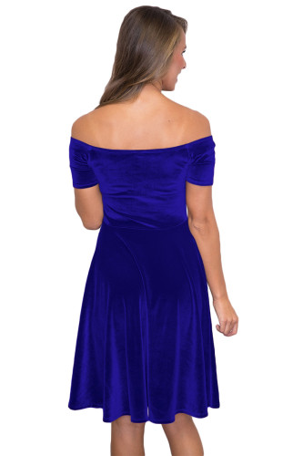 Blue Velvet Off Shoulder Pleated Skater Dress