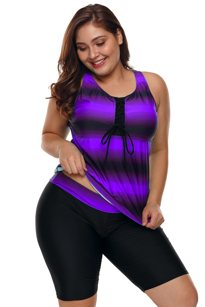 Purple Black Ombre Print Racerback Tankini Swimsuit