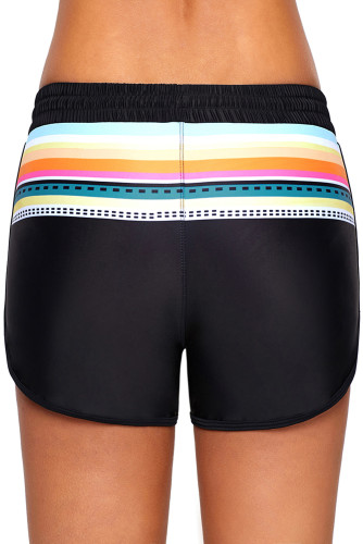 Striped Print Accent Black Drawstring Board Shorts