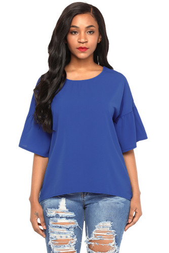 Royal Blue Short Bell Sleeves Sheer Chiffon Blouse