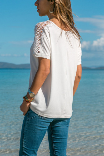 White V Neck Lace Splicing Short Sleeve Shirt