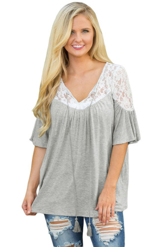White Lace Splice Grey Short Sleeve Blouse
