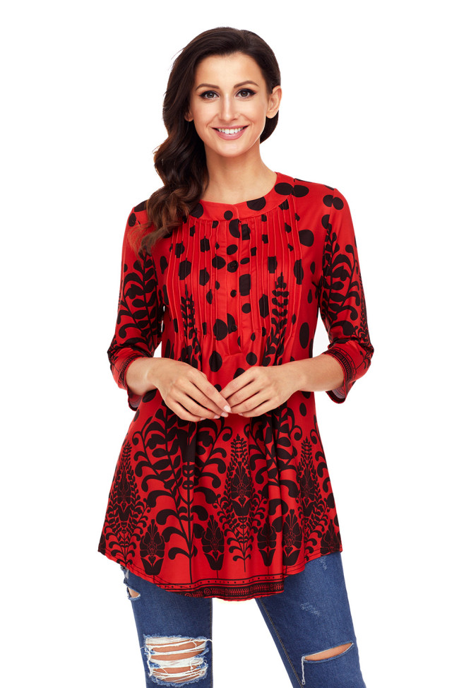 Red Black Floral Print Flowy Blouse