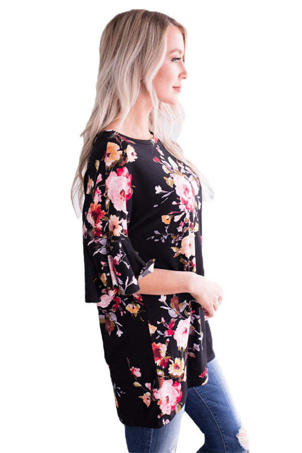 Mid Length Bell Sleeve Black Pink Floral Blouse