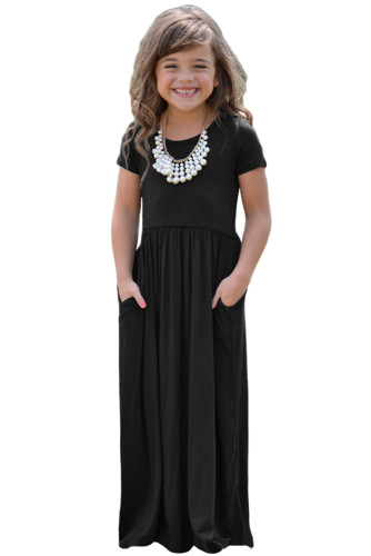 Black Short Sleeve Pocket Design Girls Maxi Dress