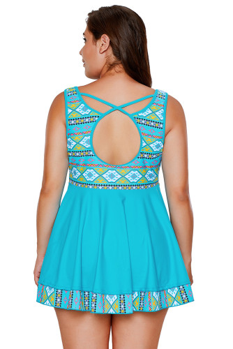 Blue Tribal Print Accent Swimdress and Short Set