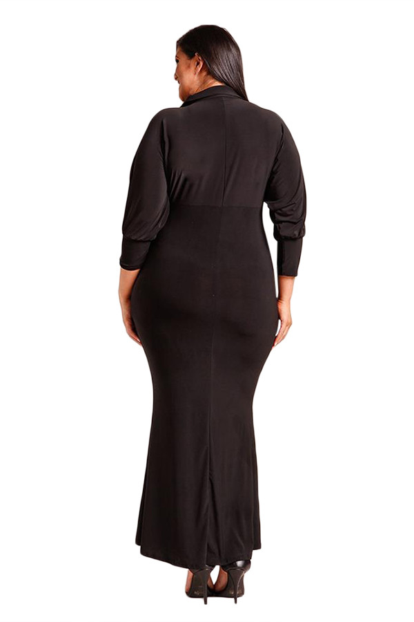 Black Plus Size Collared Deep V Maxi Dress