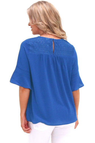 Royal Blue Crisscross Neck Lace Insert Bell Sleeve Top