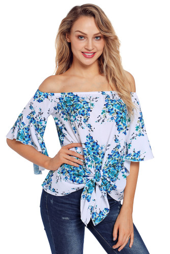 Navy Floral Tie Front Off The Shoulder Top