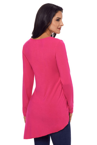 Rose Red Faux Wrap Irregular Hemline O Neck Shirt