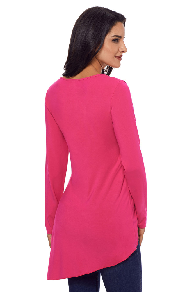 Rose Red Faux Wrap Irregular Hemline O Neck Shirt