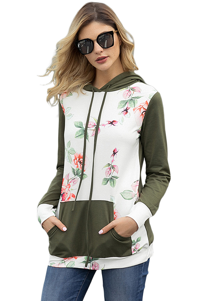 Army Green Kangroo Pocket Floral Hoodie
