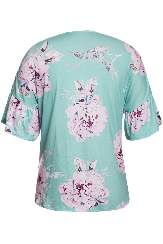 Turquoise Peony Blossom Tie Front Blouse