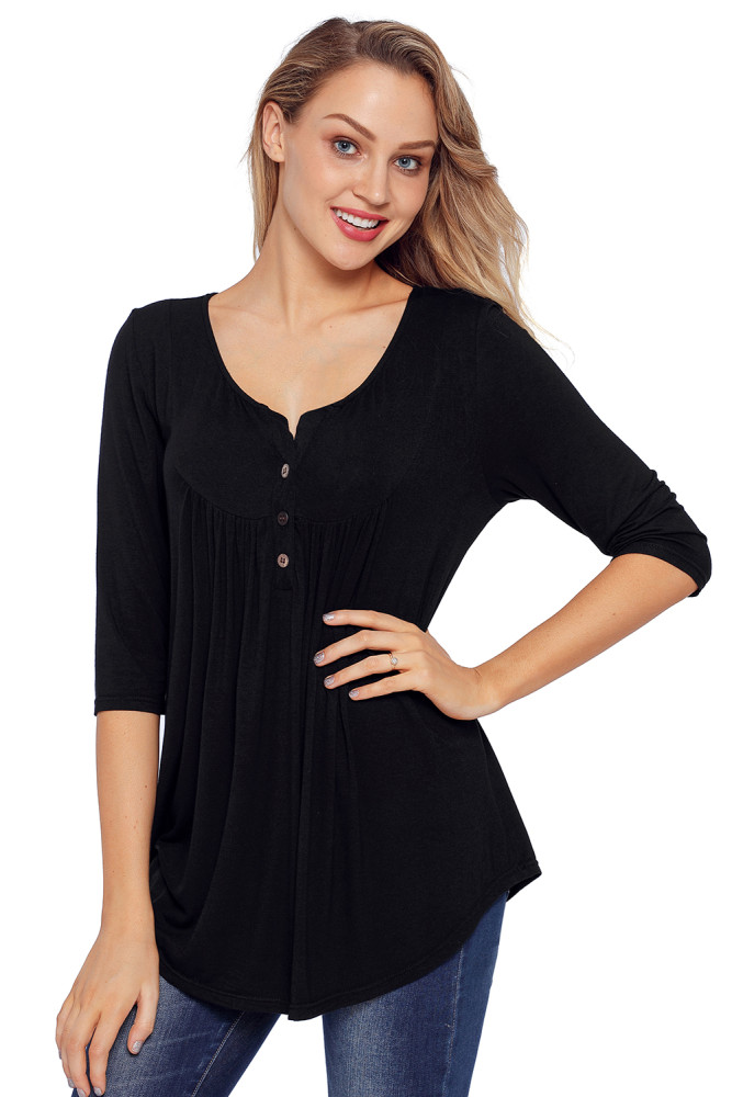 Black 3/4 Sleeve Button Detail Pleated Tunic