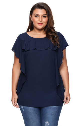 Blue Ruffled Detail Flutter Sleeves Plus Size Top