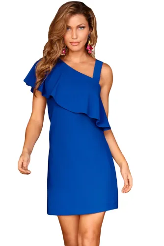 Royal Blue One Shoulder Ruffle Elegant Mini Dress