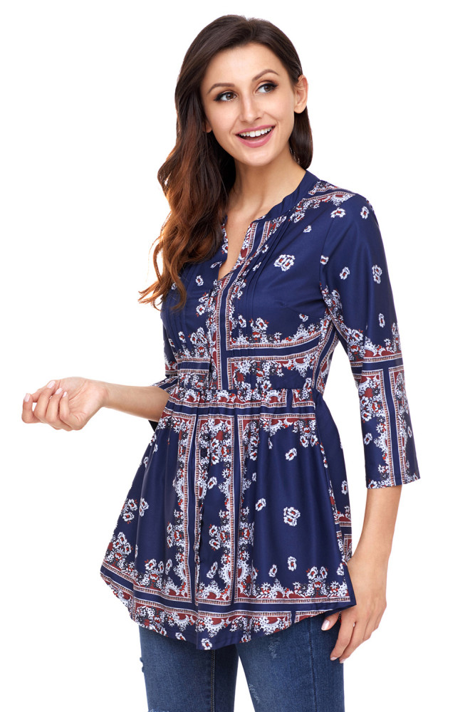 Stylish Floral Print Navy Chiffon Button-Down Pin Tuck Tunic