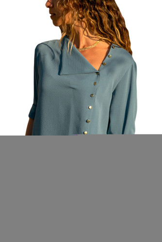 Slate Blue Turndown Collar Asymmetric Button Down Blouse
