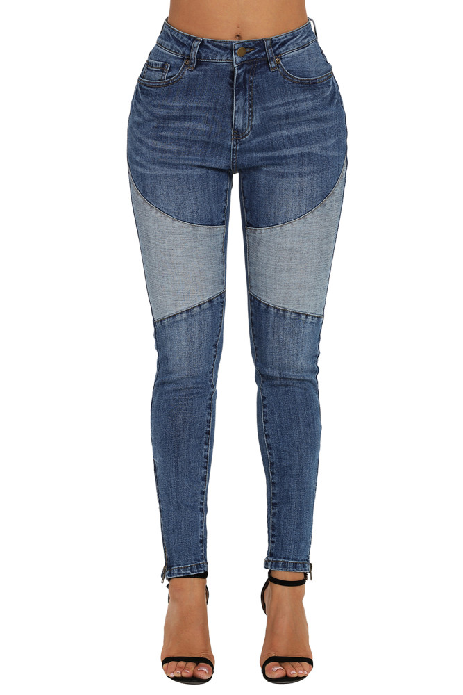 Blue Retro Patch Front Ankle Zipped Jeans