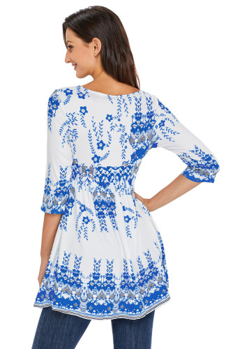 Blue Mottled Leaf Print White Elegant Long Top