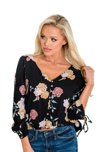 Vanilla Floral Button up Top in Black