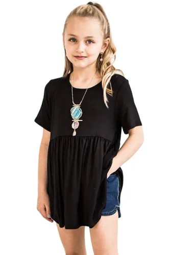 Black Short Sleeve Frilled Little Girl Tunic Top