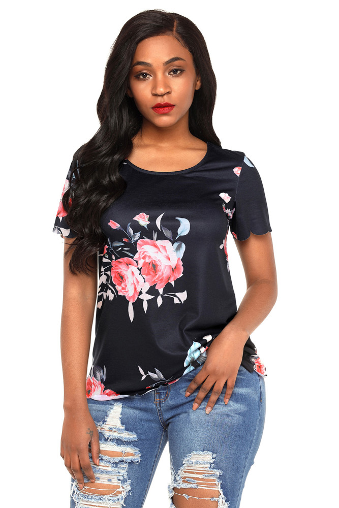Black Pink Floral Scalloped Top
