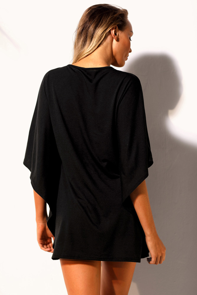 Black Lace up Tie Hollow-out Poncho Cover up