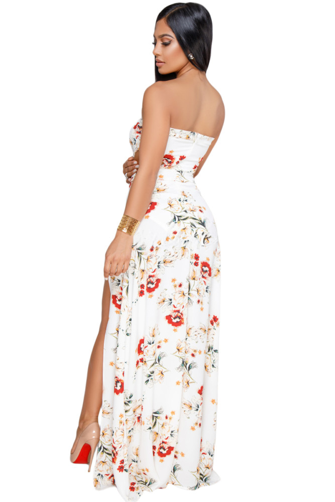 White Floral Print Slit Legs Strapless Jumpsuit