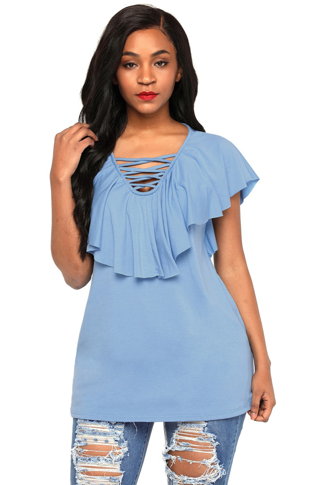 Light Blue Deep V Neck Lace up Ruffle Short Sleeves Top